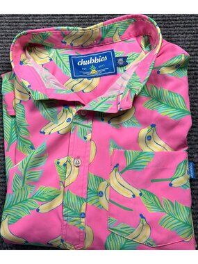 Chubbies Men's Pink Banana Print Short Sleeve Shirt L Tropical Half Button-Up